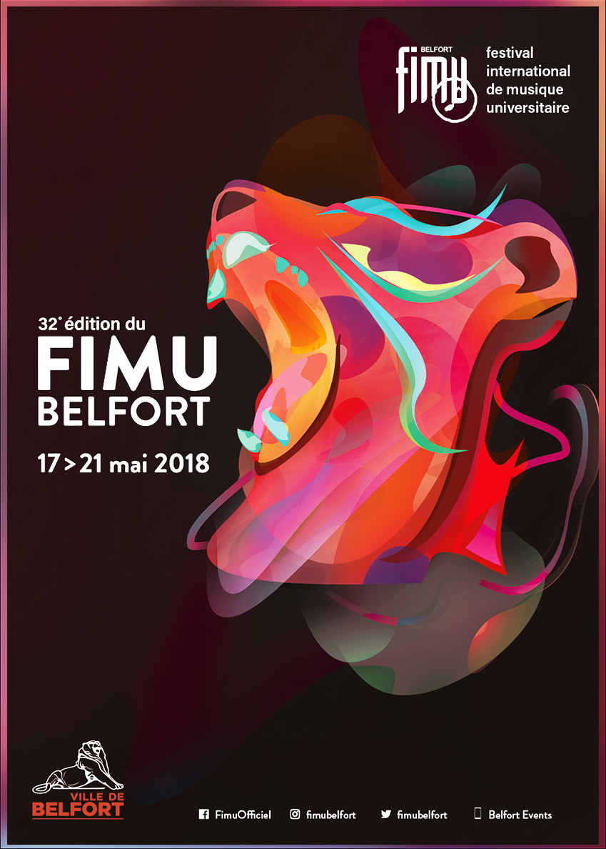poster pour le festival du fimu mettant en scène le lion de belfort touché par des ondes musicales 2018 par jaber lounes