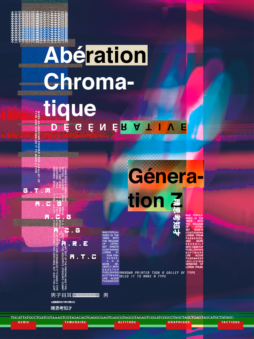 poster abbération chromatique mettant en scène des chromosomes qui se disjonctes par interferances numériques par jaber lounes