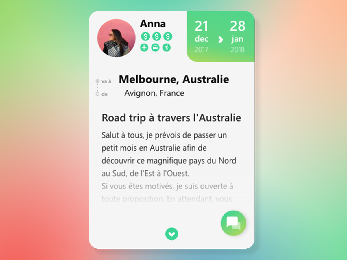 Roadbudy interface with a gradiant background. The interface shows a post from a user who wants to travel. It indicates dates and preferences. A chat button is available to interact with the post.